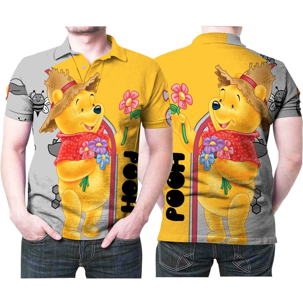 Art Winnie The Pooh Hold Flower Cute Bear 3D All Over Print Polo Shirt