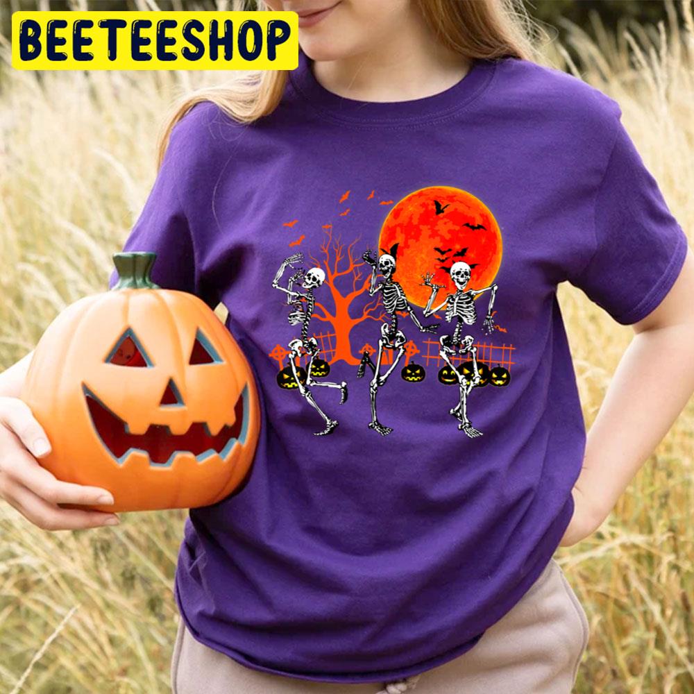 Dancing Scary Skeleton And Pumpkin Halloween Trending Unisex T-Shirt