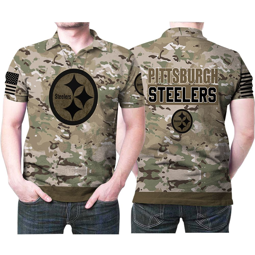 Design Pittsburgh Steelers Camouflage Pattern American Us Flag  Printed 3D All Over Print Polo Shirt