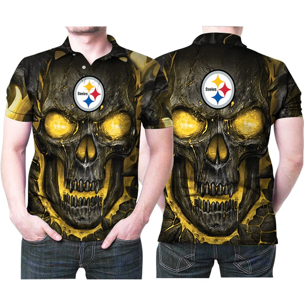 Design Pittsburgh Steelers Skull Hello Darkness My Old Friend  Printed 3D All Over Print Polo Shirt