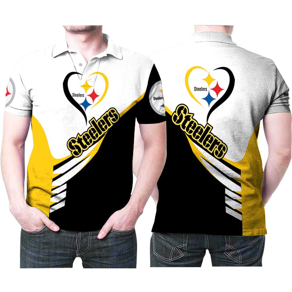 Design Pittsburgh Steelers Yellow Black Heart Logo Pattern 3D All Over Print Polo Shirt