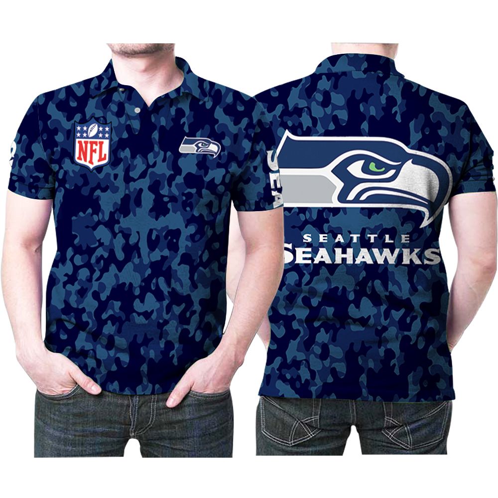 Design Seattle Seahawks Nfl Blue Camo Pattern 3D All Over Print Polo Shirt