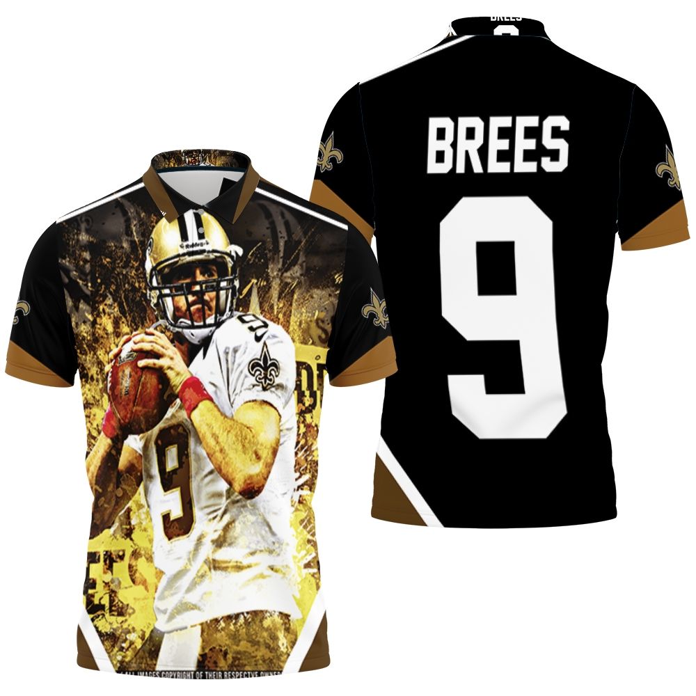 Drew Brees New Orleans Saints Black & Yellow 3D All Over Print Polo Shirt