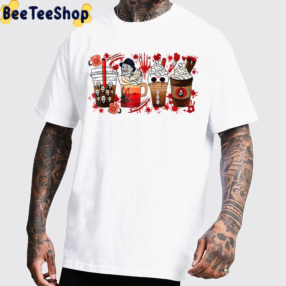 Freddy Ghostface Jason Chucky Horror And Coffee Halloween Spooky Season Fall Trending Unisex T-Shirt