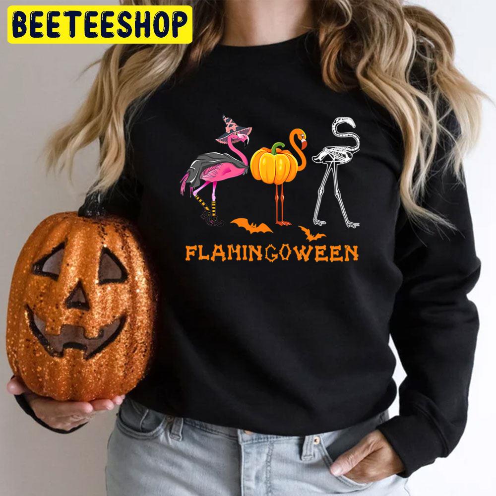 Funny Witch Pumpkin And Skeleton Flamingoween Halloween Trending Unisex T-Shirt