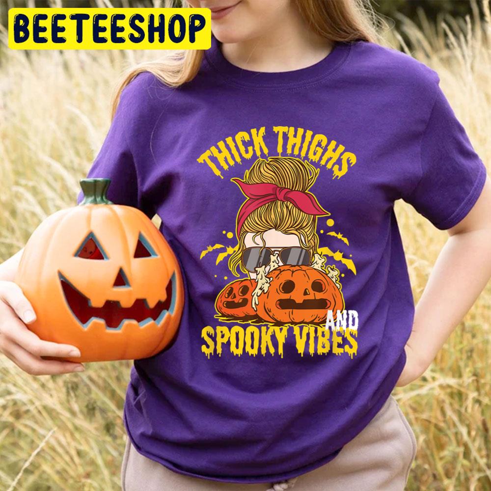 Girl And Pumpkin Thick Thighs And Spooky Vibes Halloween Trending Unisex T-Shirt