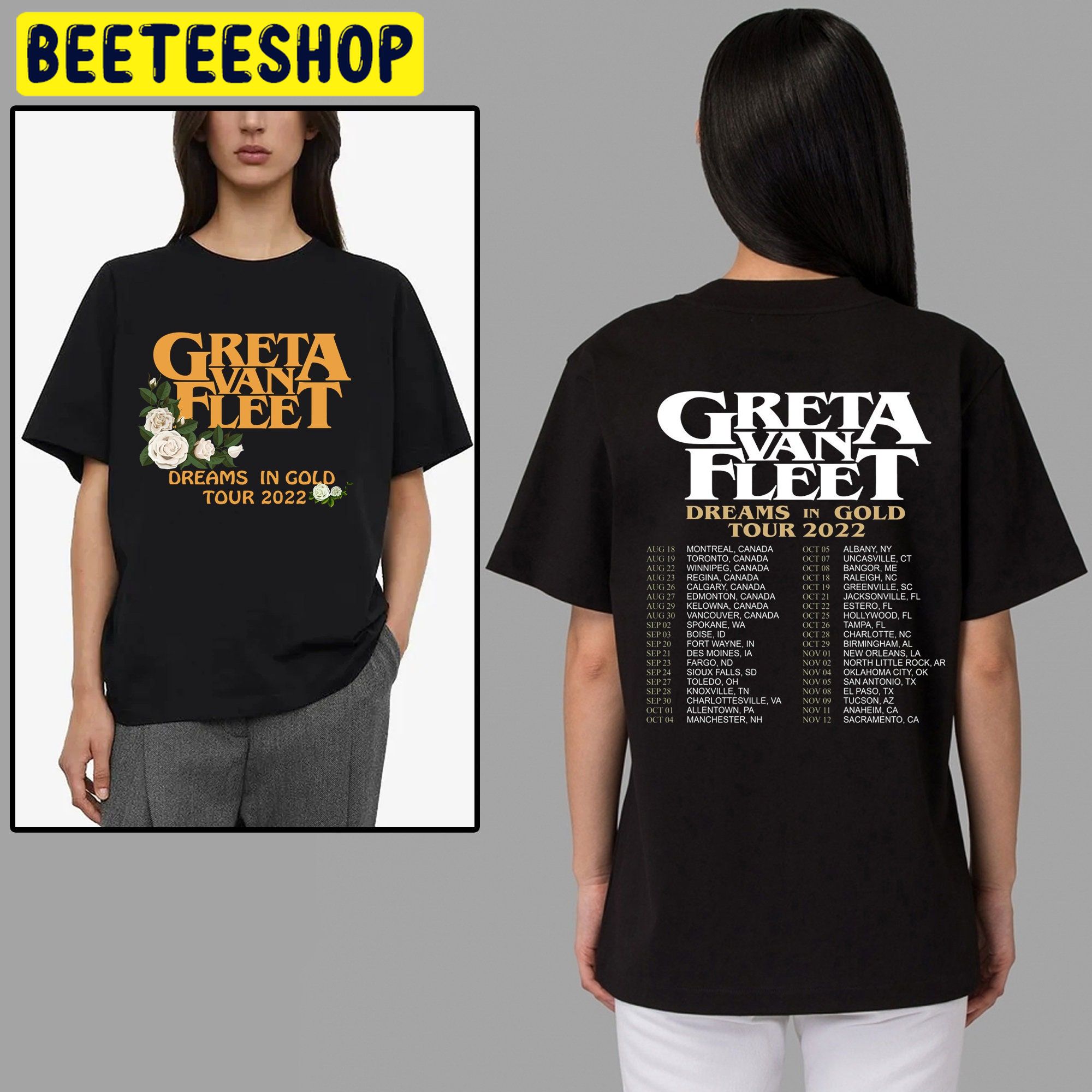 Greta Van Fleet Dreams In Gold Tour 2022 And Date Double Sided Unsiex T-Shirt