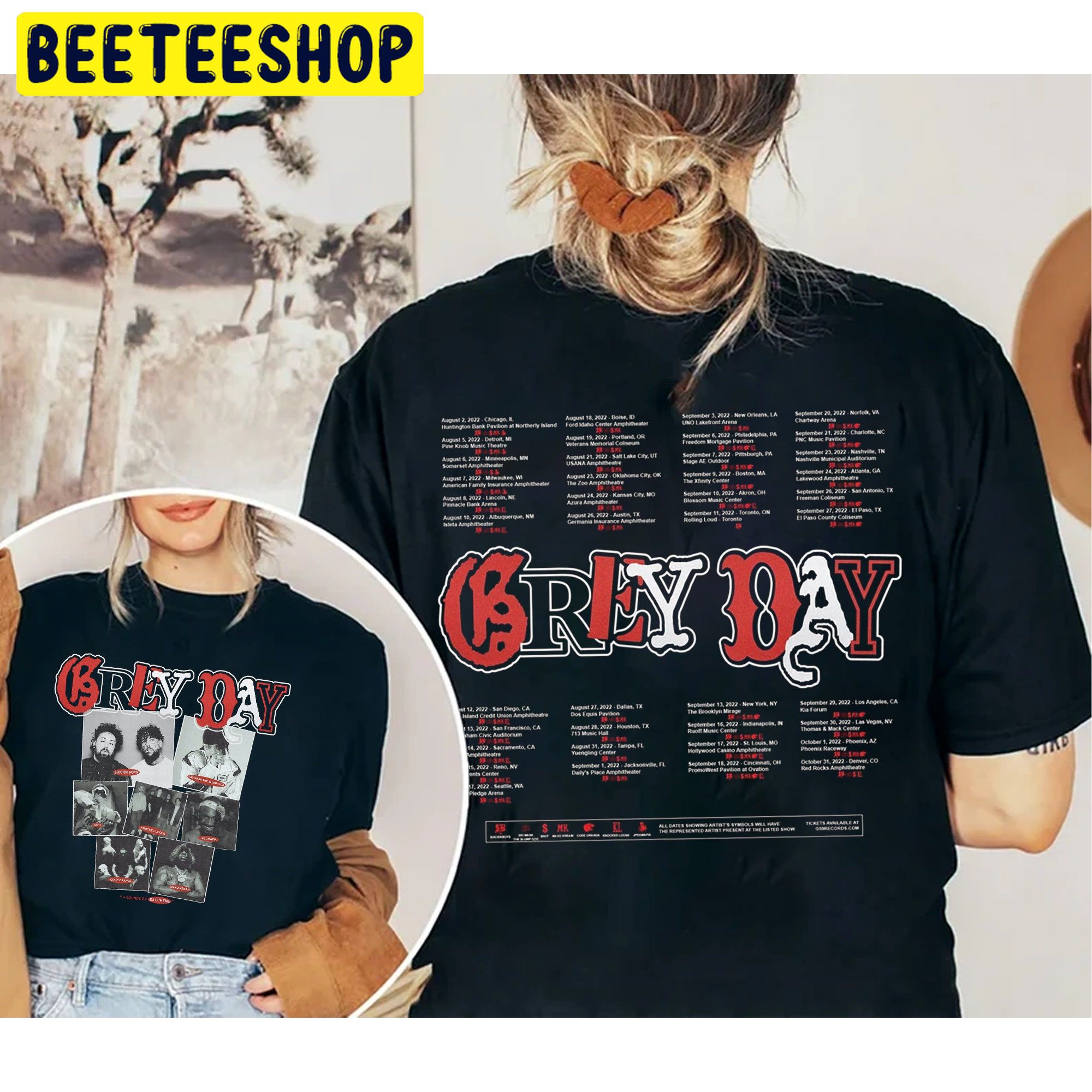 Grey Day Bleachers Tour 2022 Suicideboys Rapper Hip Hop Double Sided Unsiex T-Shirt