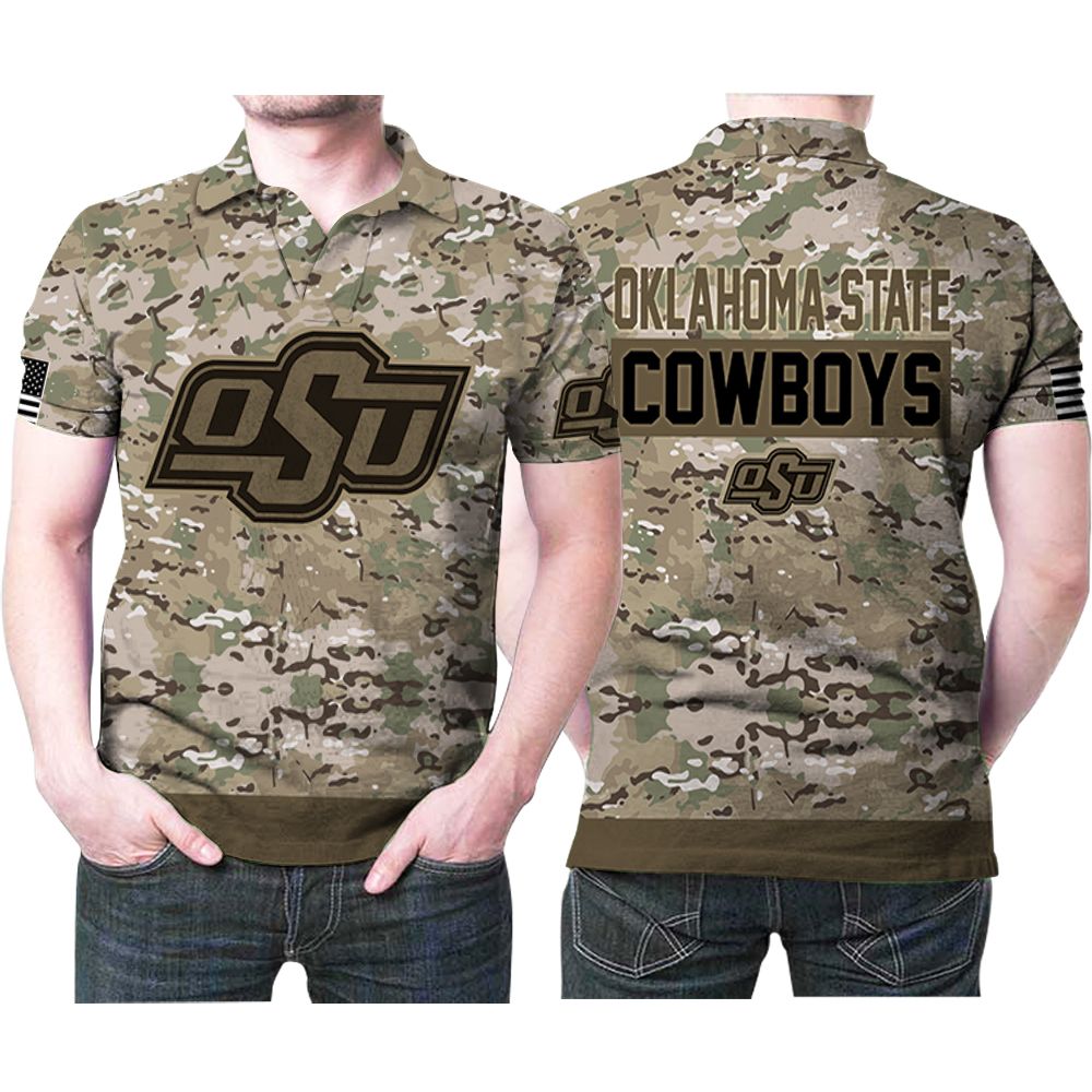 Oklahoma State Cowboys Camo Pattern American Flag  Printed 3D All Over Print Polo Shirt