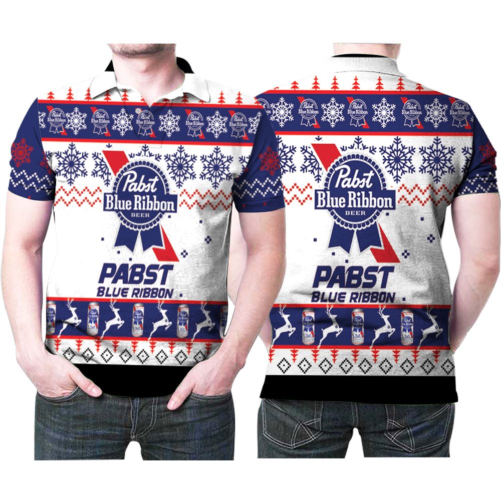 Pabst Blue Ribbon Beer Reindeer Ugly Chirstmas Pattern 3D All Over Print Polo Shirt