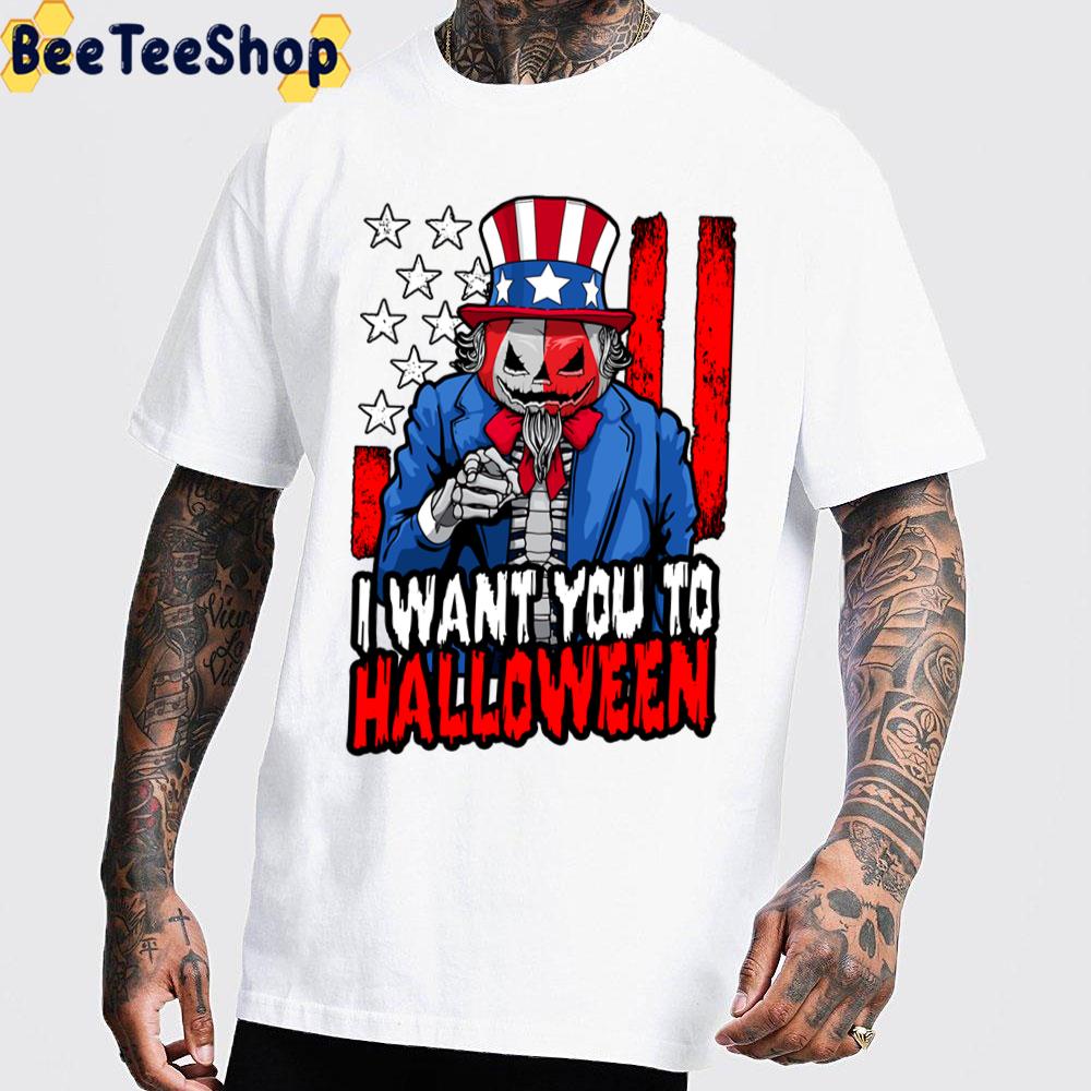 Patriotic Halloween Zombie Uncle Sam Pumpkin Usa Flag I Want You To Halloween Trending Unisex T-Shirt