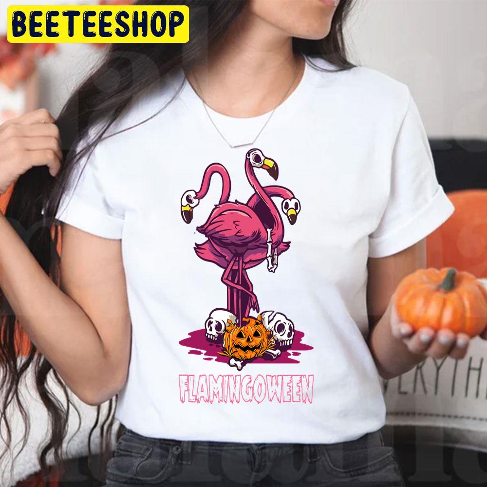 Pink Flamingoween Pumpkin Skeleton Witch Halloween Trending Unisex T-Shirt