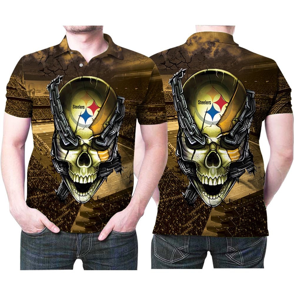 Pittsburgh Steelers Skull Chain Logo  Printed 3D All Over Print Polo Shirt