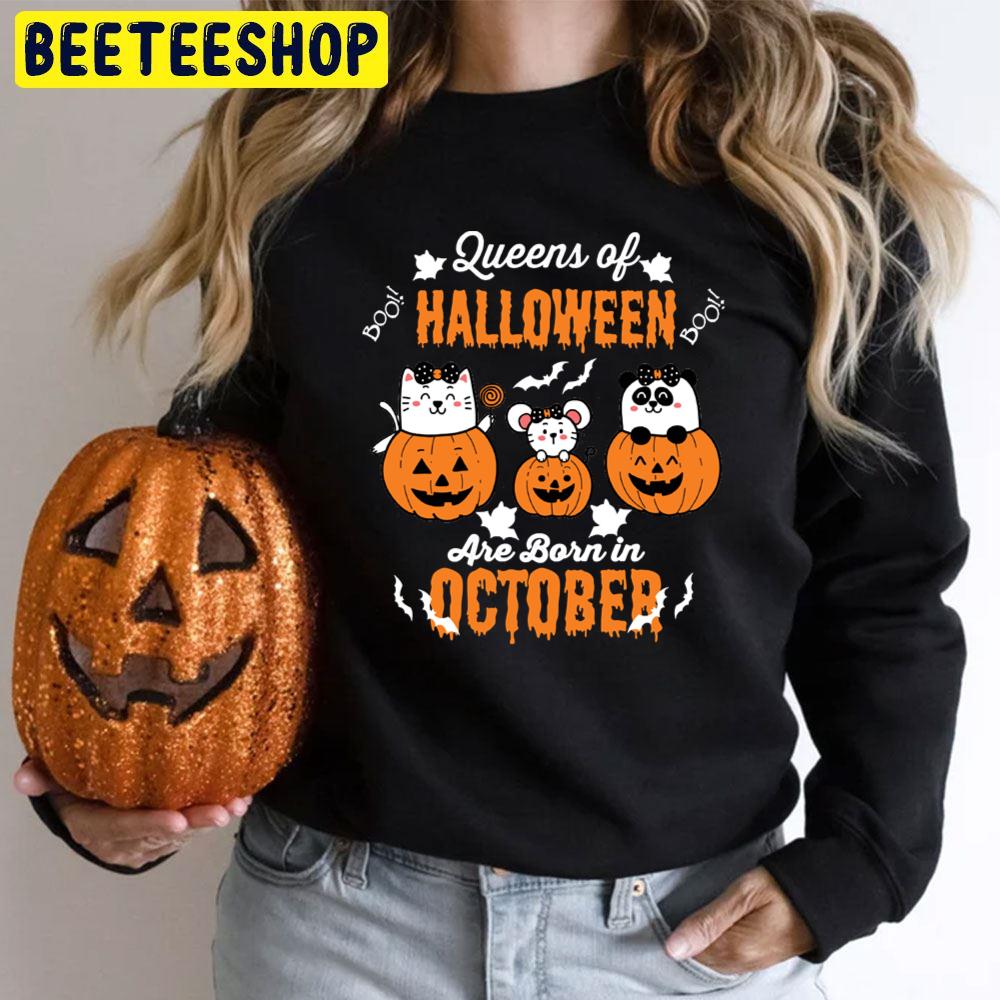 Queen Of Halloween Are Born In October Cat Mouse And Panda Trending Unisex T-Shirt