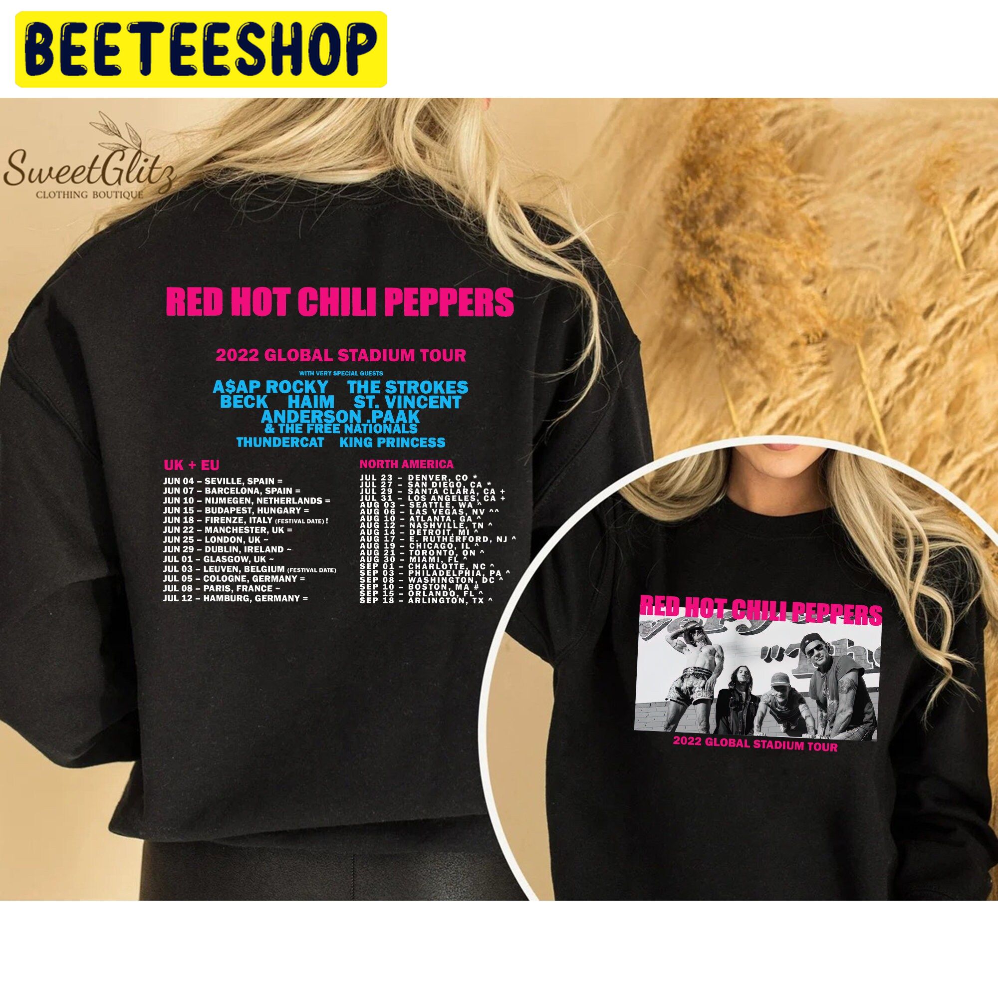 Red Hot Chili Peppers 2022 Global Stadium Tour Asap Rocky The Strokes Beck Haim St.Vincent Anderson Paak And The Free Nationals Thundercat King Princess Double Side Unisex Sweatshirt