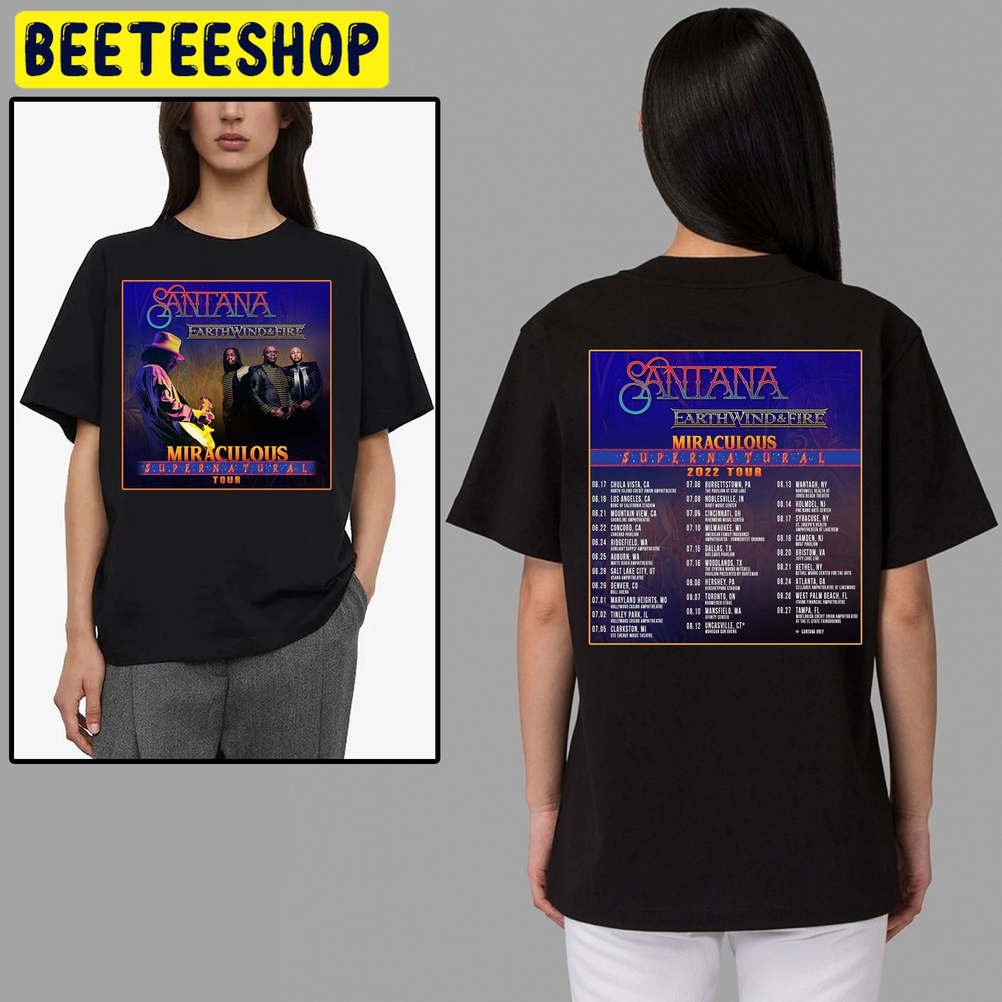 Retro Santana Miraculous Super Natural Tour 2022 And Date Double Side Unisex T-Shirt