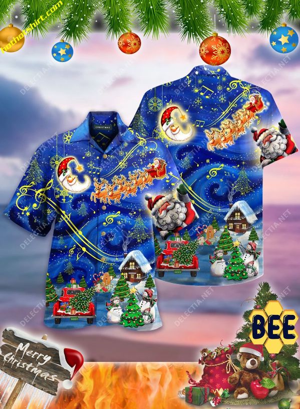 Santa And Elk Christmas Sky Trending Hawaiian Shirt