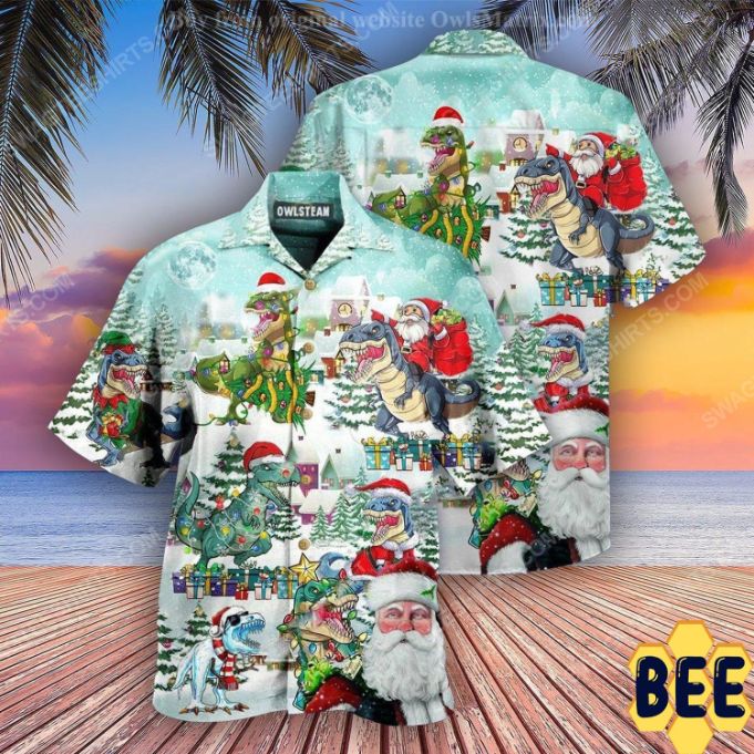 Santa Claus Riding A Dinosaur Full Print Trending Hawaiian Shirt