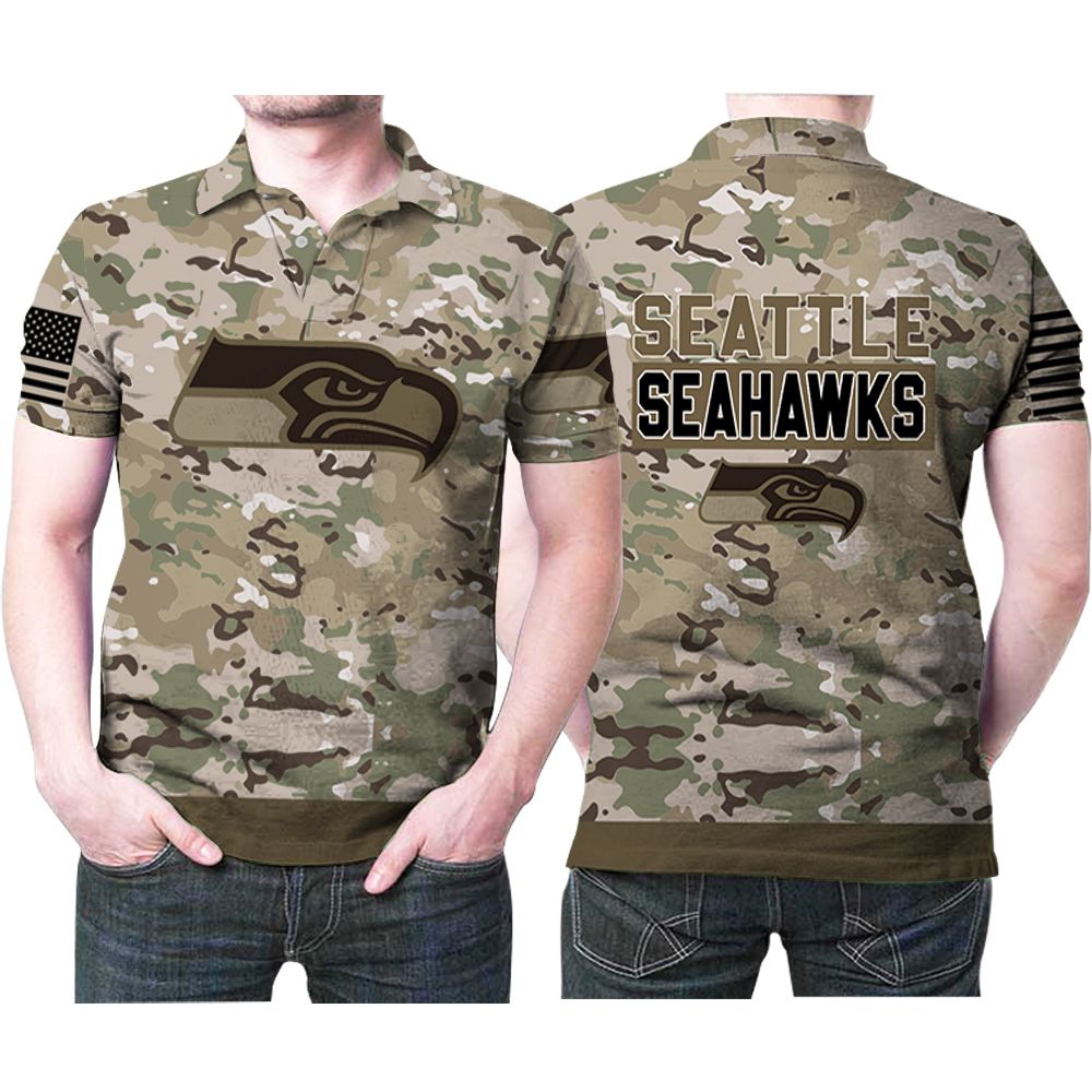 Seattle Seahawks Camouflage Veteran Us Flag 3D All Over Print Polo Shirt