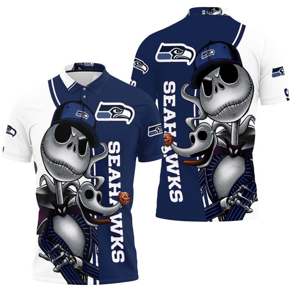 Seattle Seahawks Jack Skellington And Zero 3D All Over Print Polo Shirt