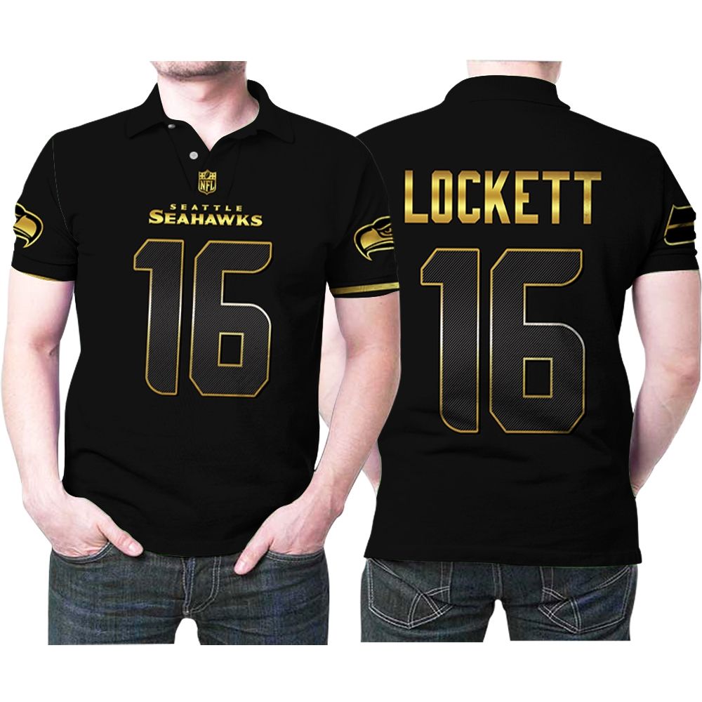 Seattle Seahawks Tyler Lockett #16 Nfl American Football Team Black Golden Edition Polo Shirt