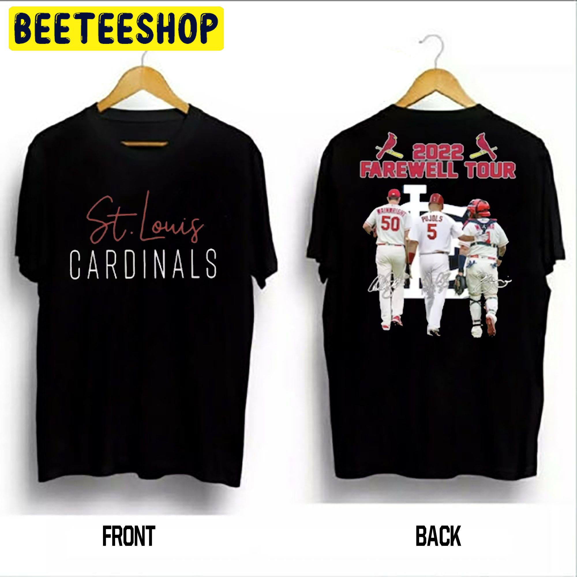 St. Louis Cardinals Cardinals 2022 Farewell Tour Adam Wainwright X Yadier Molina X Albert Pujols Signature Baseball Double Sided Unsiex T-Shirt