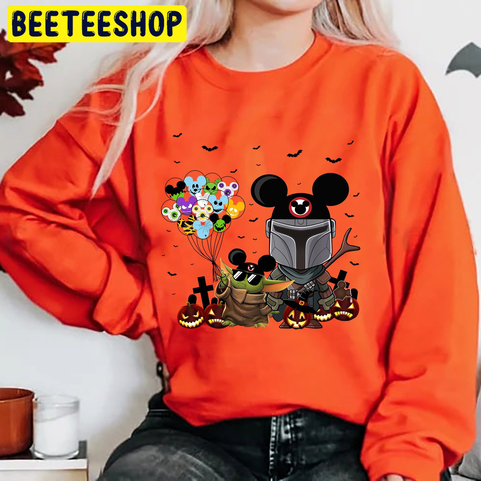 Star Wars Mandalorian And Yoda Baby Micky Ear And Pumpkins Halloween Unisex Sweatshirt