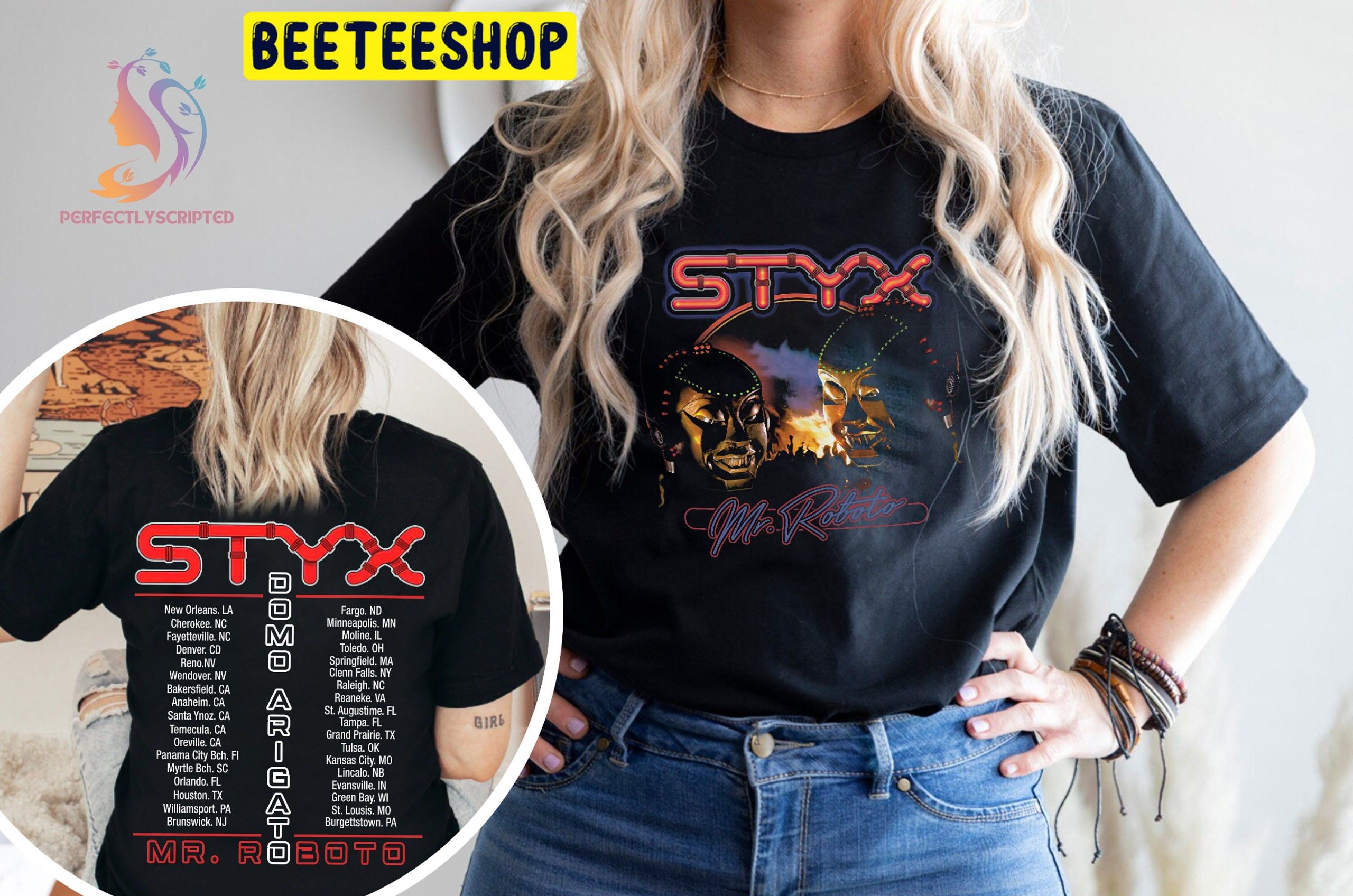 Styx Mr Roboto Domo Arigato World Tour 2022 Double Side Unisex Shirt Beeteeshop 