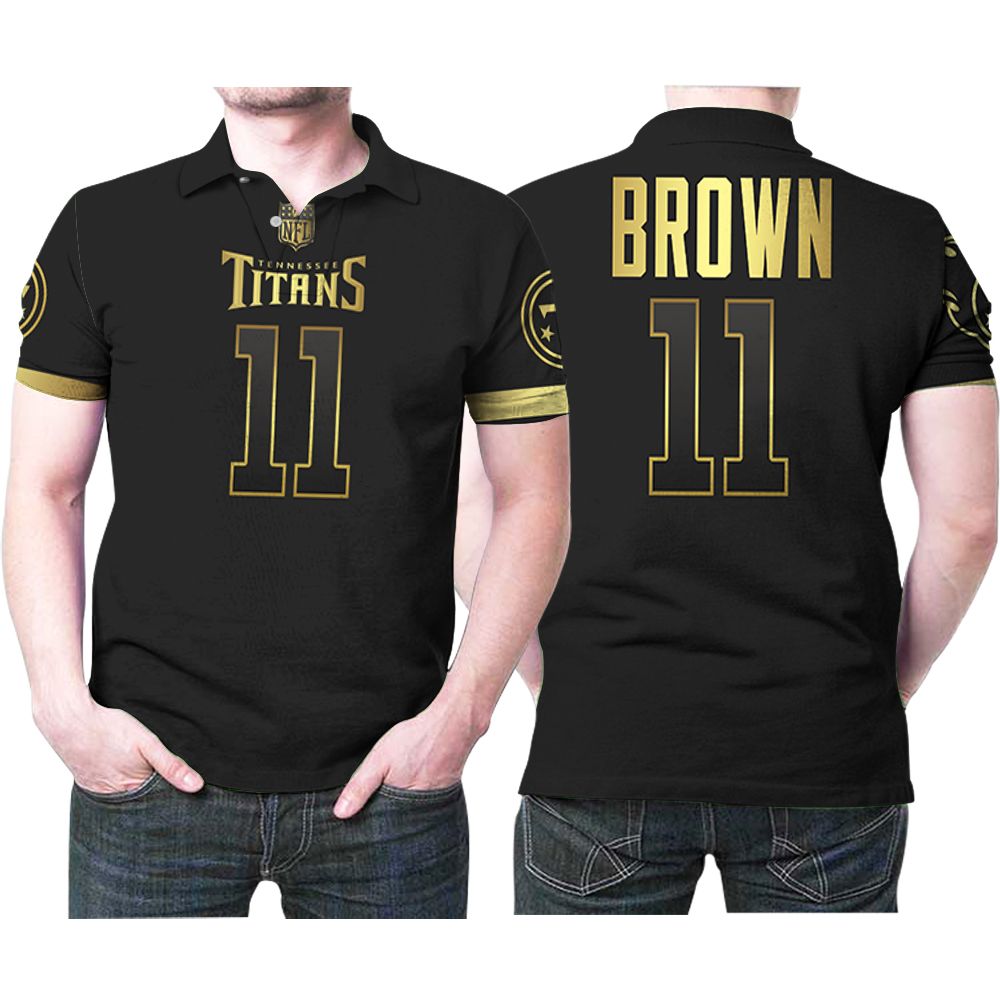 Tennessee Titans A J Brown #11 Nfl America Football Team Logo Black Golden Edition Polo Shirt