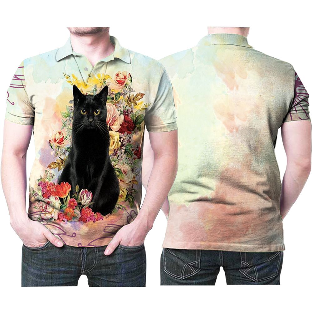 The Gorgeous Black Cat Floral Pattern 3D All Over Print Polo Shirt