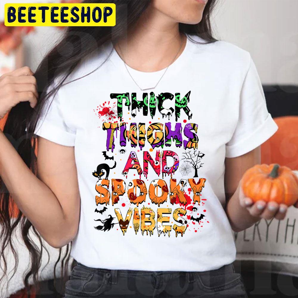 Thick Thighs And Spooky Vibes Funny Witch Black Cat Halloween Trending Unisex T-Shirt