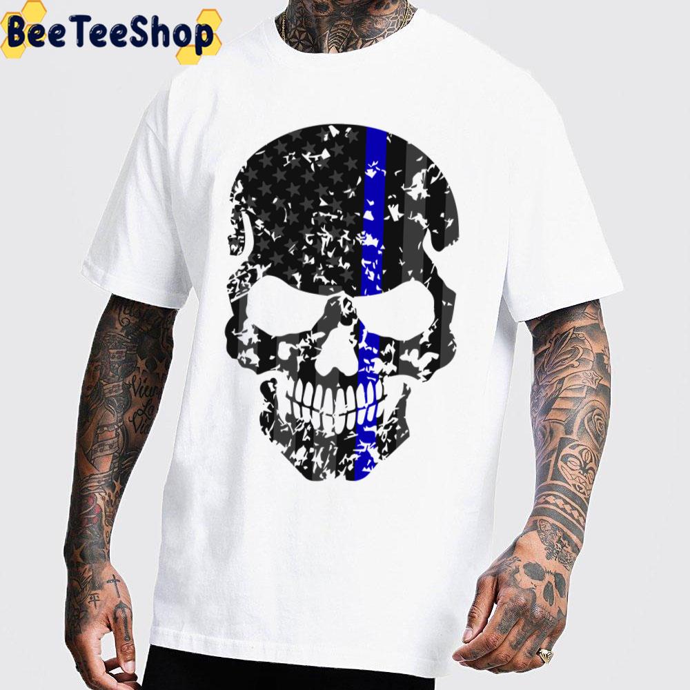 Thin Blue Line Police American Flag Distressed Skull Trending Unisex T-Shirt