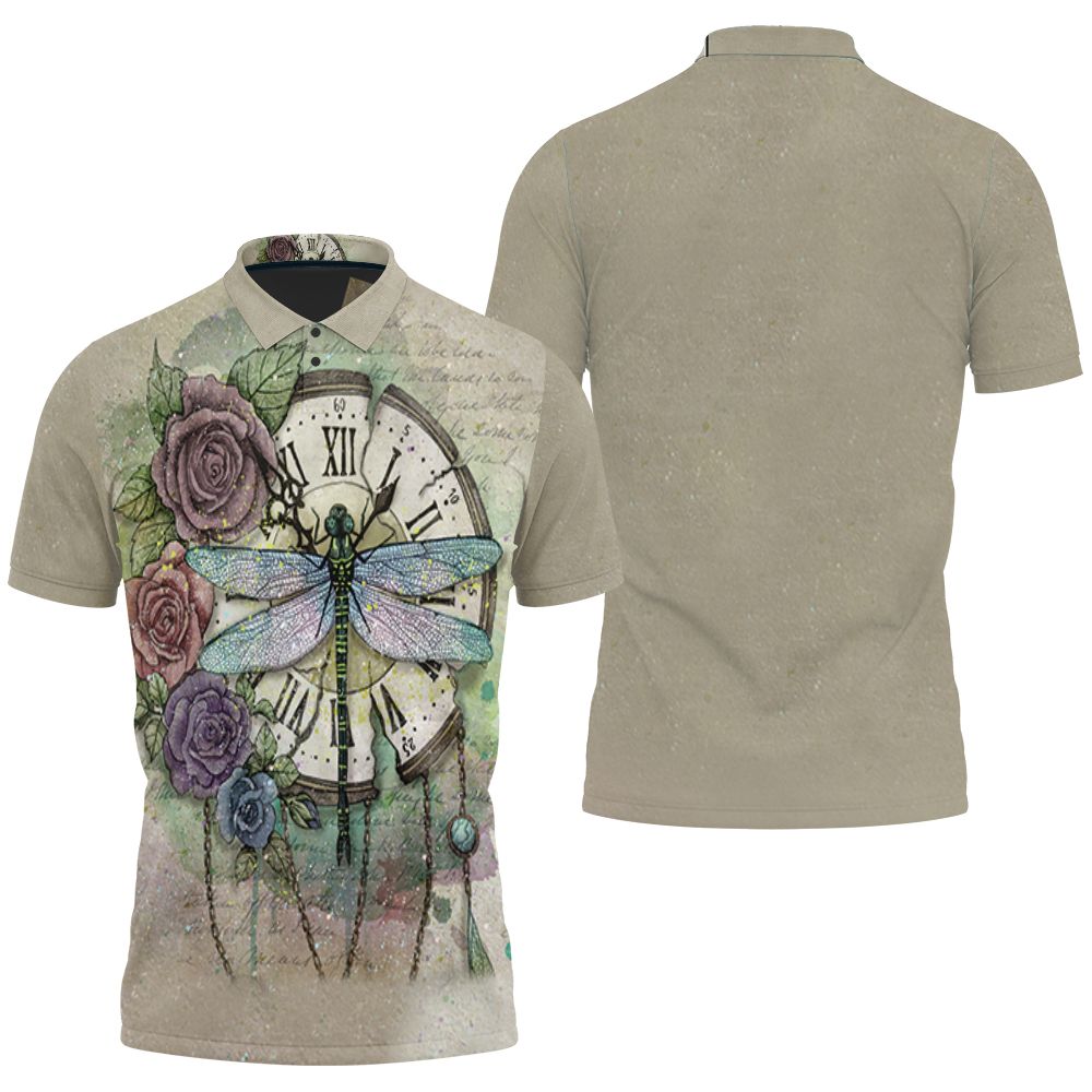 Time Flies Dragonfly Rose Clock 3d 3D All Over Print Polo Shirt