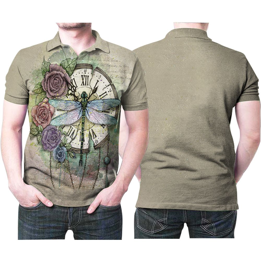 Time Flies Dragonfly Rose Clock Memorial 3D All Over Print Polo Shirt