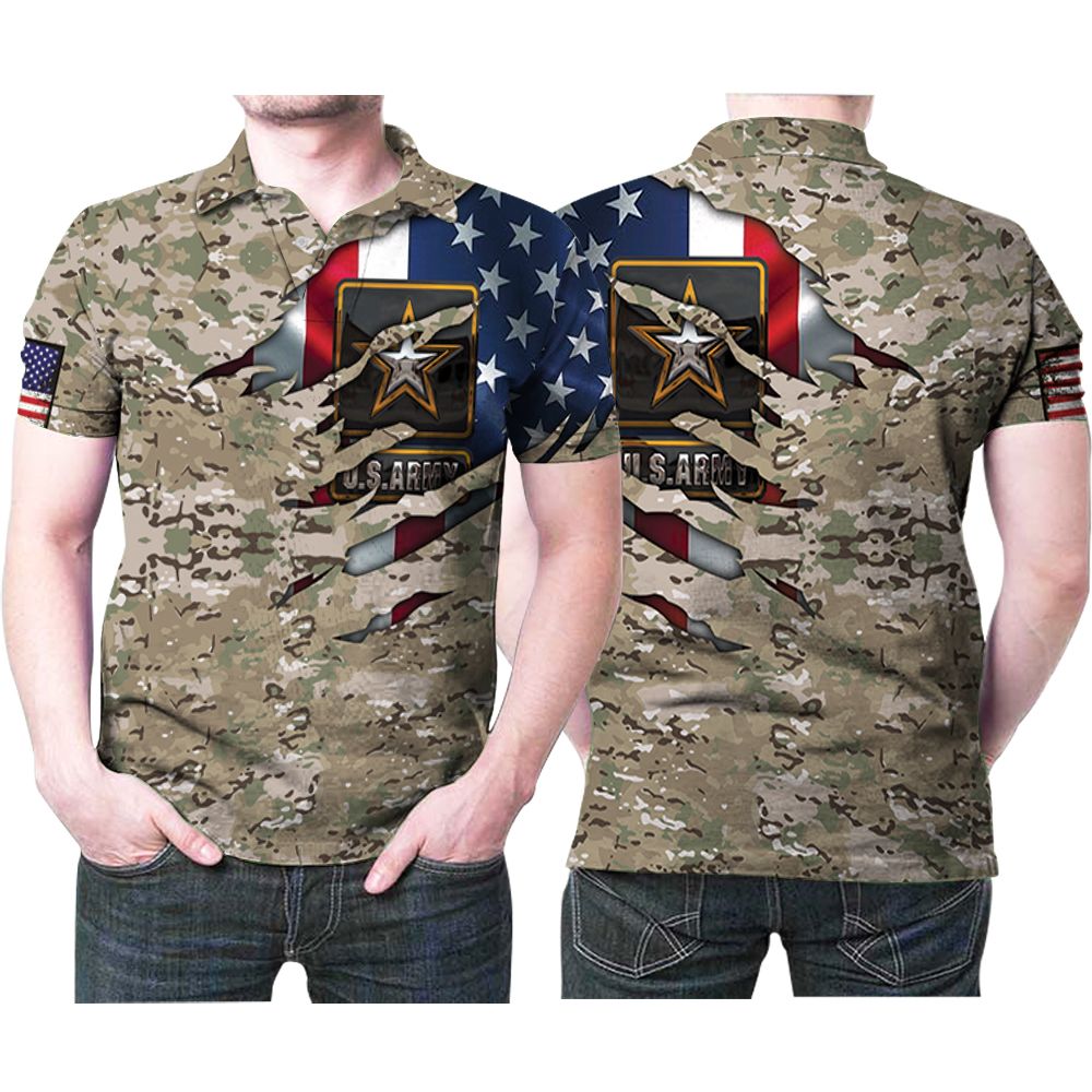 Us Flag Us Army Logo Veteran Camouflage Pattern Style 3D All Over Print Polo Shirt