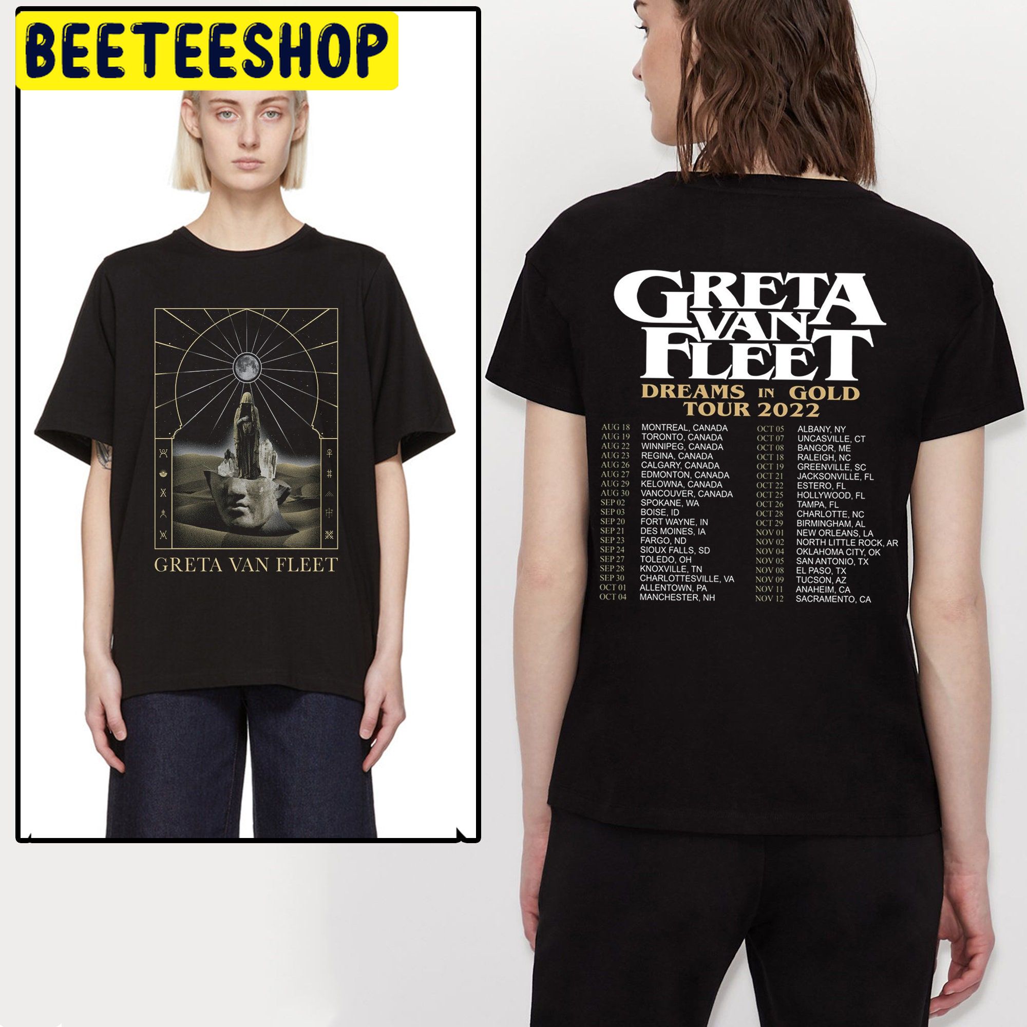 Vintage Art Greta Van Fleet Dreams In Gold Tour 2022 And Date Double Sided Unsiex T-Shirt