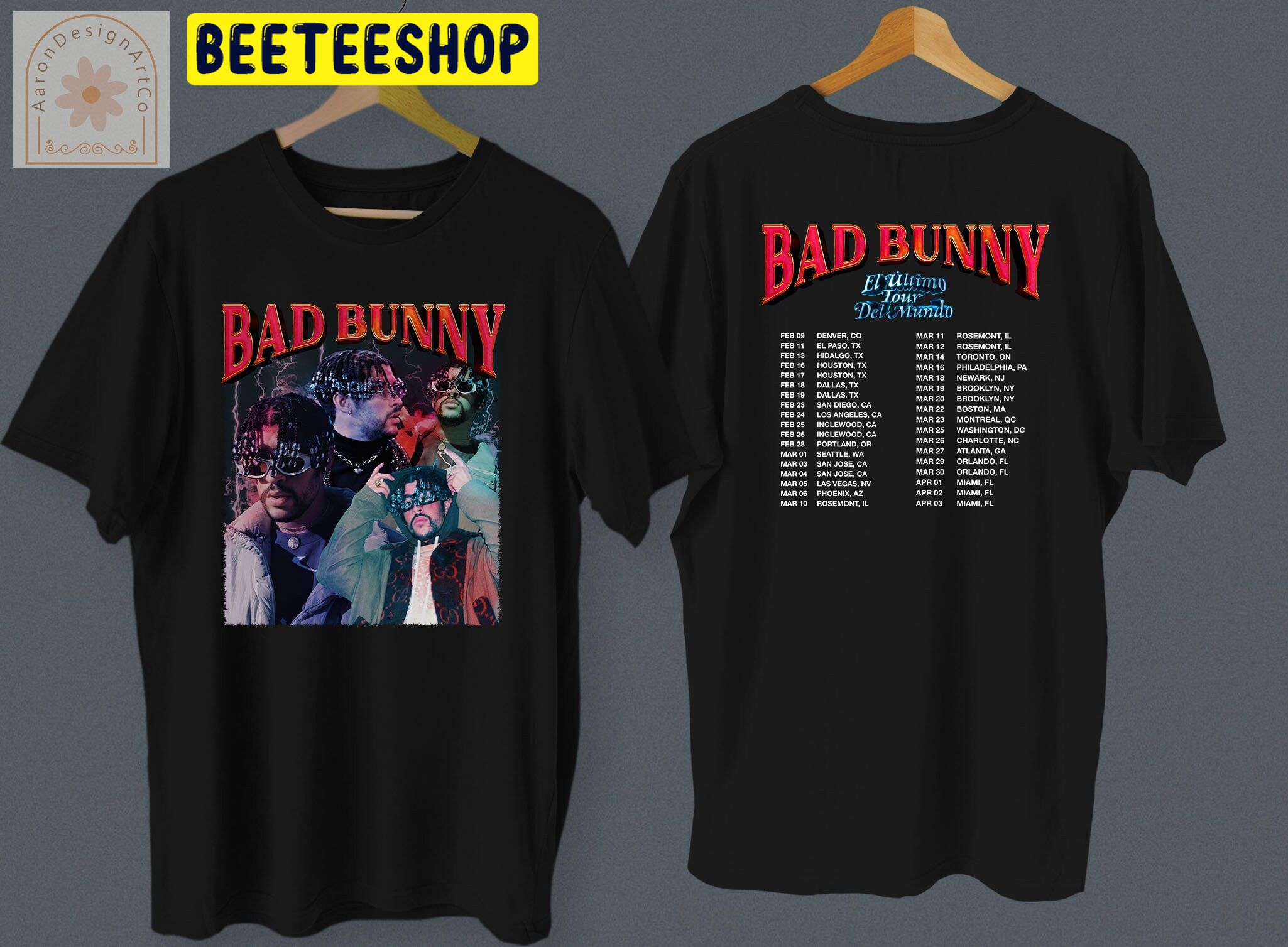 Vintage Bad Bunny El Ultimo Tour Del Mundo North American Tour 2022 Double Sided Unsiex T-Shirt