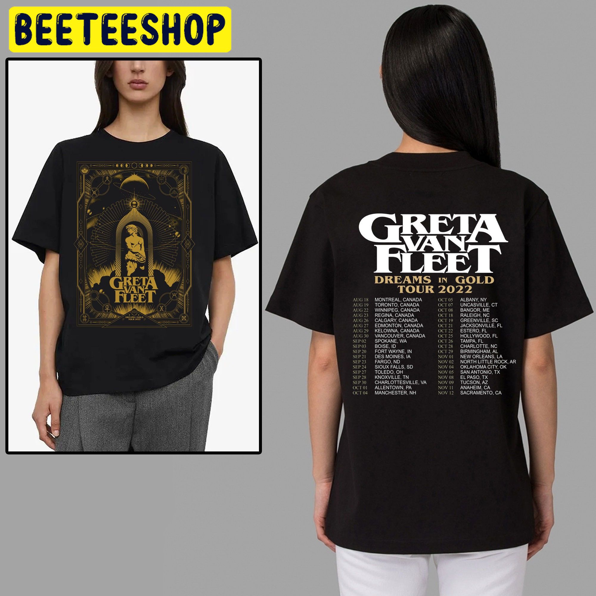 Vintage Greta Van Fleet Dreams In Gold Tour 2022 Double Sided Unsiex T-Shirt