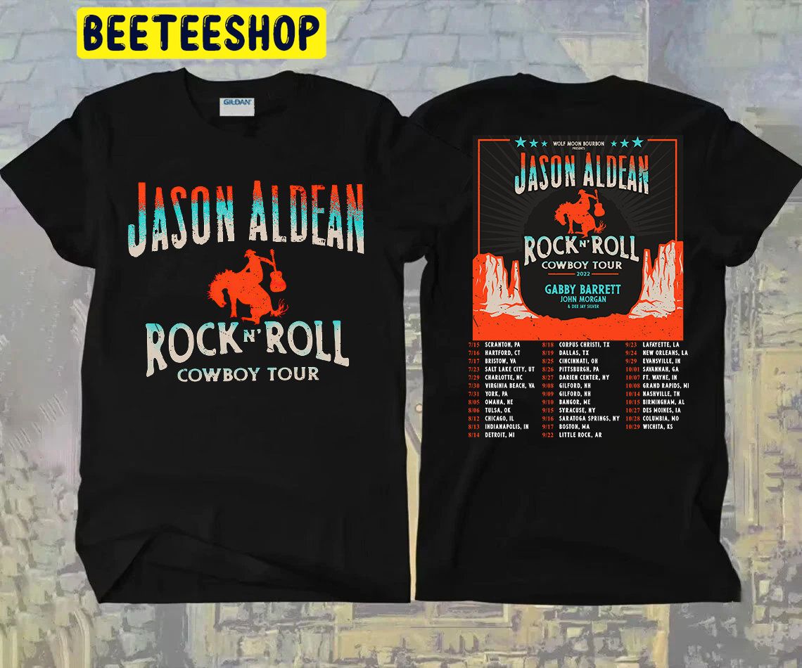 Vintage Jason Aldean Rock N Roll Cowboy Tour 2022 Double Sided Unsiex T-Shirt