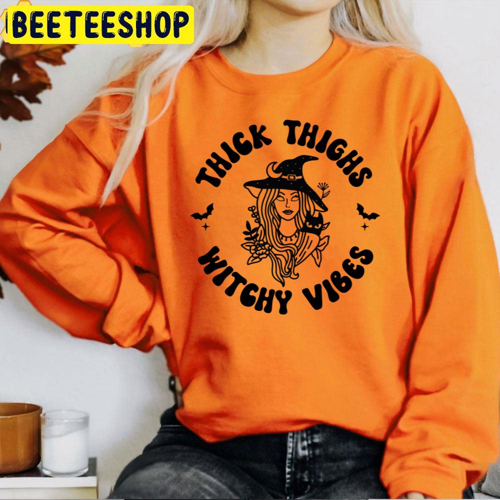 Withc And Black Cat Thick Thighs Witchy Vibes Halloween Trending Unisex T-Shirt