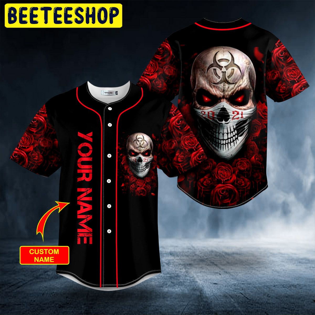 2021 Red Biohazard Lockdown Rose Skull Custom Trending Baseball Jersey