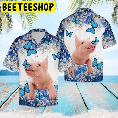 Aloha Shirt Pig Blue And White Flower Hawaiian Shirt