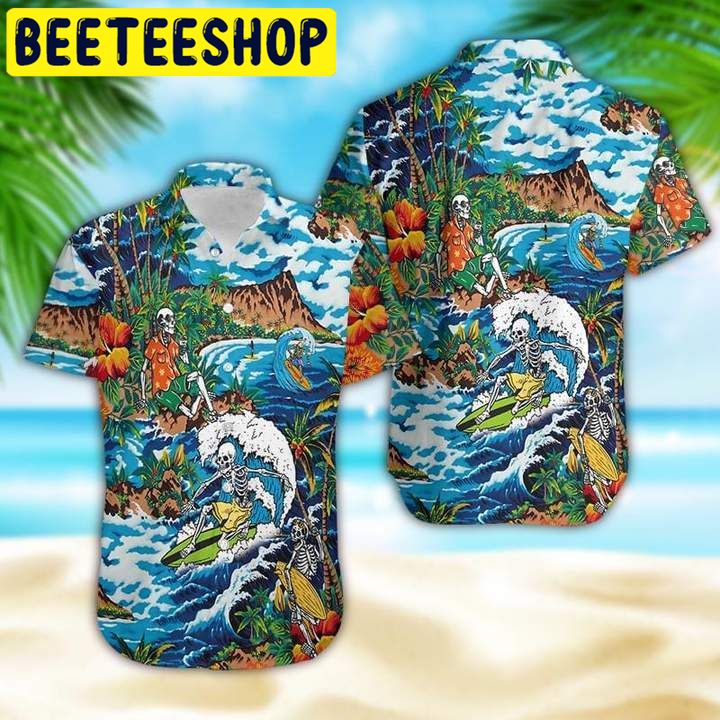 Amazing Skeleton Surfing On Tropical Island Halloween Hawaiian Shirt