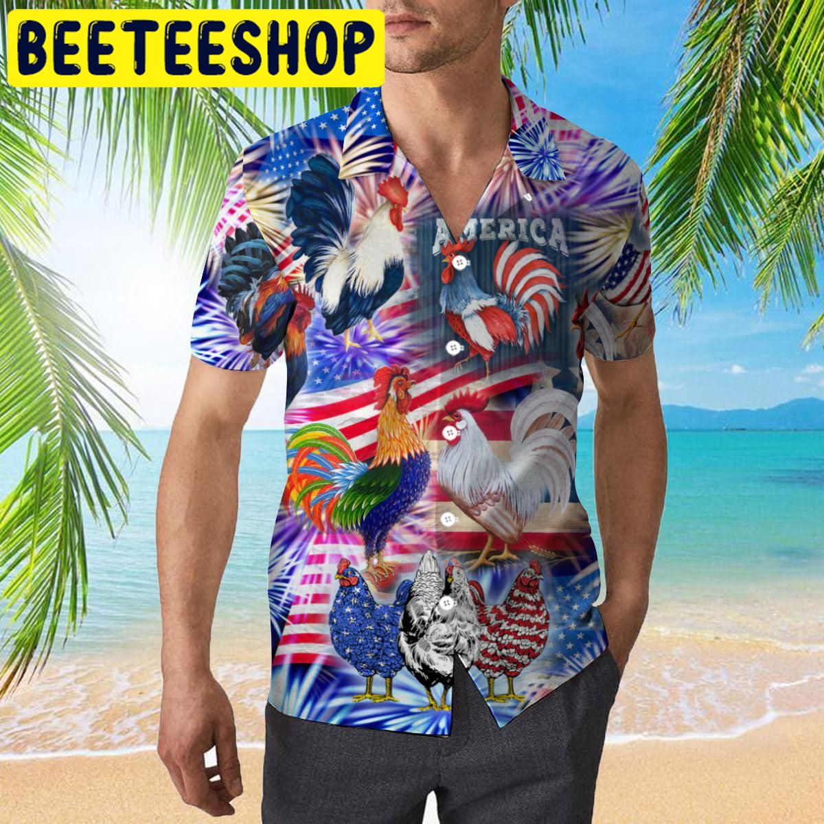 America Rooster Chicken With Fireworks Hawaiian Shirt