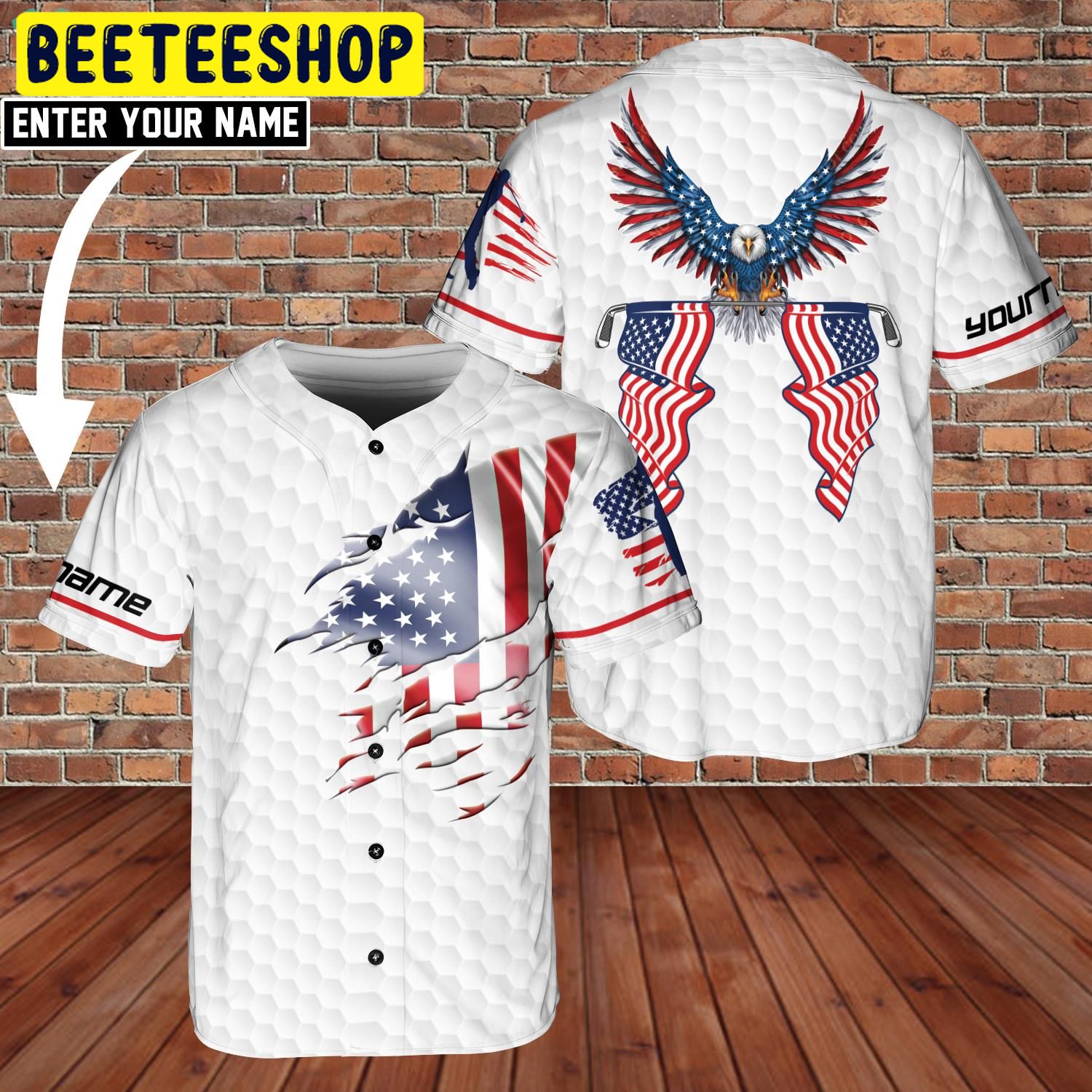 American Eagle Patriot Playing Golf United States Flag Custom Name Trending Jersey Baseball