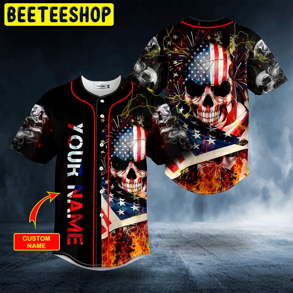 American Flag Firework Lightning Fire Skull Custom Trending Baseball Jersey
