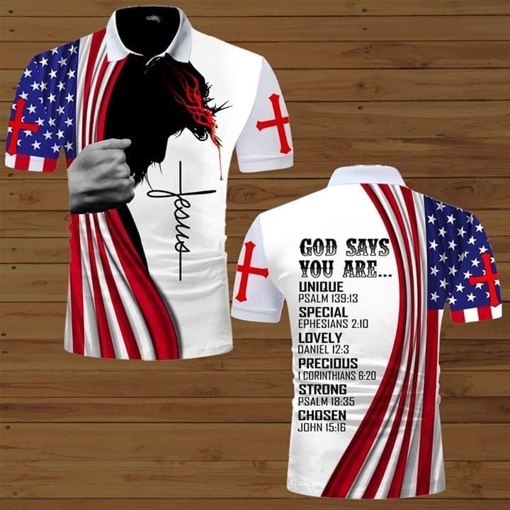 Art God Says You Are Unique Special Lovely Precious Strong Chosen Jesus Under American Flag 3D All Over Print Polo Shirt