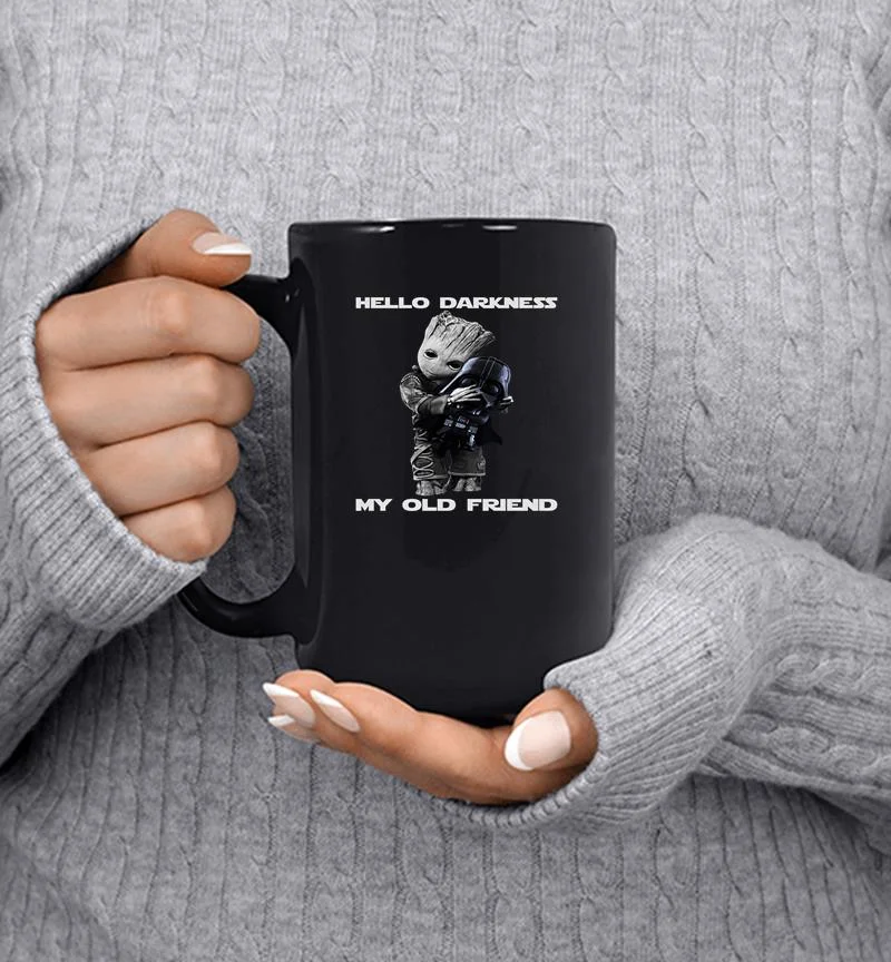 Baby Groot hugs Darth Vader Hello Darkness My old friend Mug