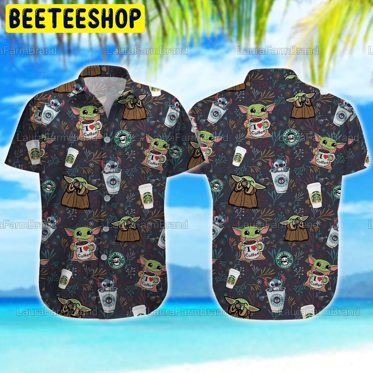 Baby Yoda And Stitch Ohana Coffee Button Down Trending Hawaiian Shirt