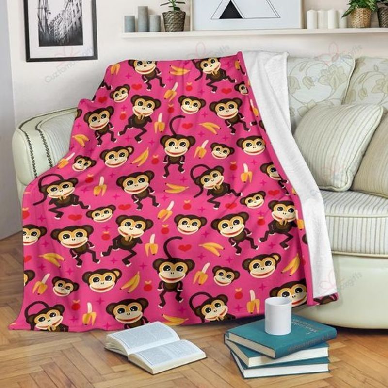 Banana Monkey Pink Comfy Sofa Throw Blanket